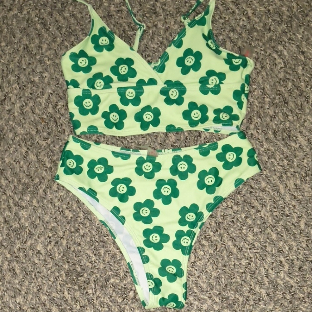 ROMWE Green Floral Bikini Set